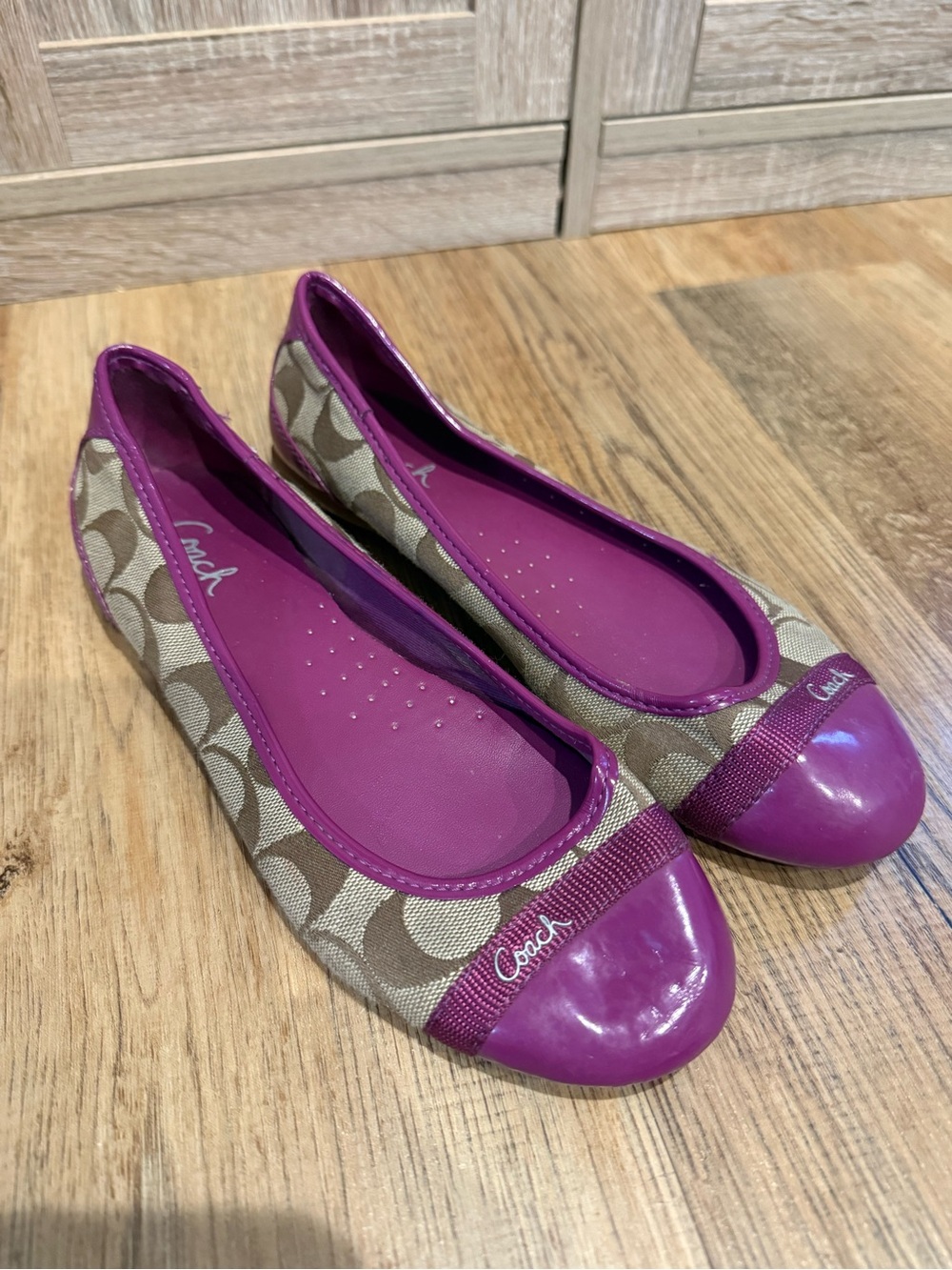 Coach Tan Signature Canvas Ballet Flats with Purple Trim